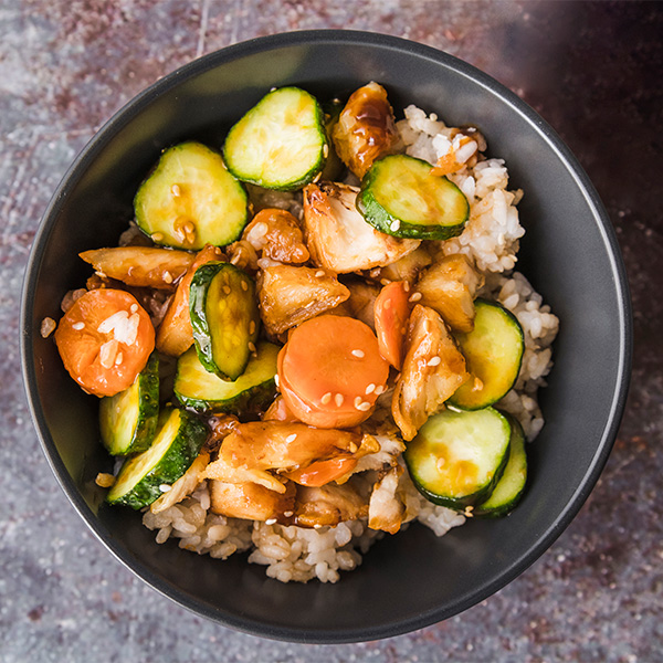 with crispy seasonal veg stir fried in rich Yakitori sauce, with black rice, poached pak choi, peppers & micro coriander